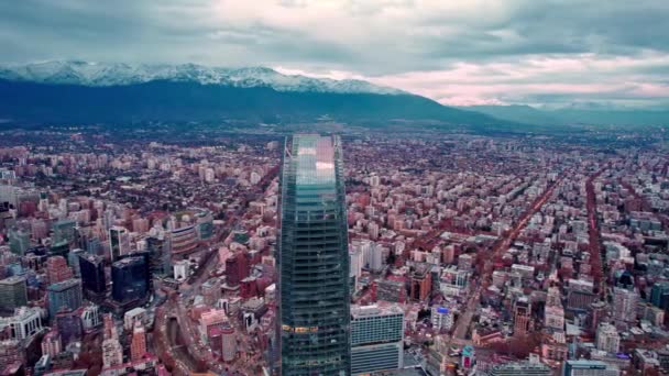 Aerial Orbit Santiago Chile Snowy Andes Mountains Background Cloudy Rain — Stok video