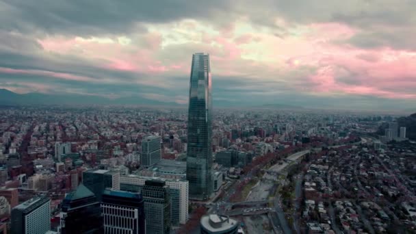 Aerial Orbit Financial Center Costanera Tower Cloudy Sunset Rain Background — Vídeo de Stock