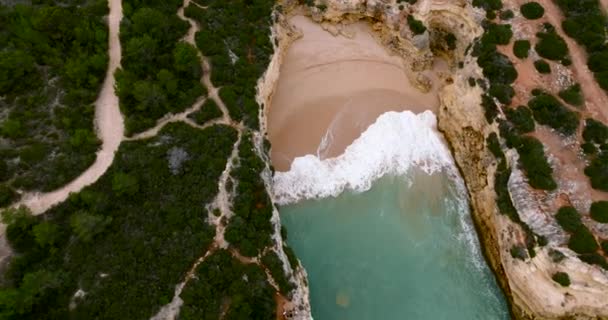 Slowly Moving Away Orange Colored Rocks Algarve Coastline — Stockvideo