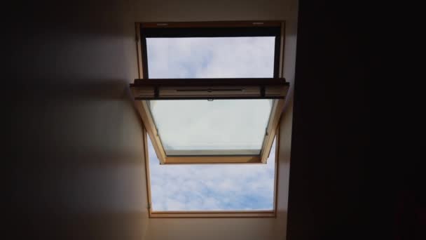 Time Lapse Moving Clouds Seen Open Dormer Window Sloping Roof — Vídeos de Stock