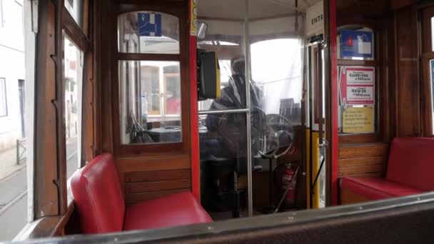 Commute Historical Lisbon Tram Vintage Wooden Cabin Interior Red Seats — Vídeos de Stock