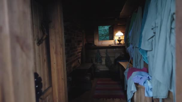 Dark Traditional Wooden Sauna Spa Cabin Room Relaxing Room Wooden — Stockvideo