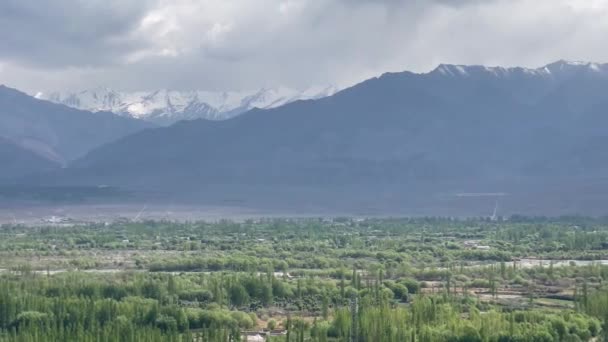 Snowcapped Mountains Hustý Les Poblíž Leh City Ladakh Panning Left — Stock video