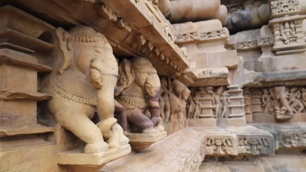 Decorated Elephant Stone Carvings Western Group Temples Khajuraho Madhya Pradesh — Stockvideo