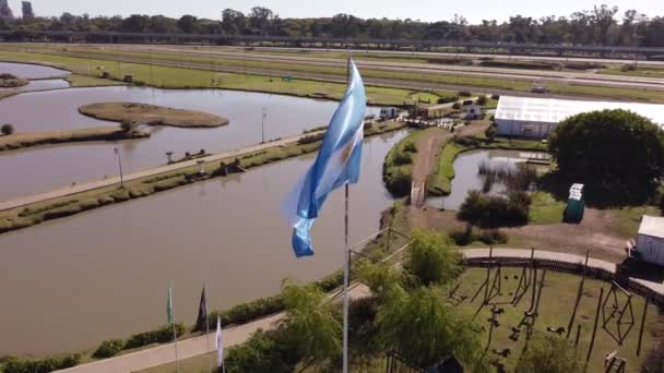 Μια Δυναμική Εναέρια Λήψη Υψηλής Γωνίας Υψωμένη Σημαία Της Αργεντινής — Αρχείο Βίντεο
