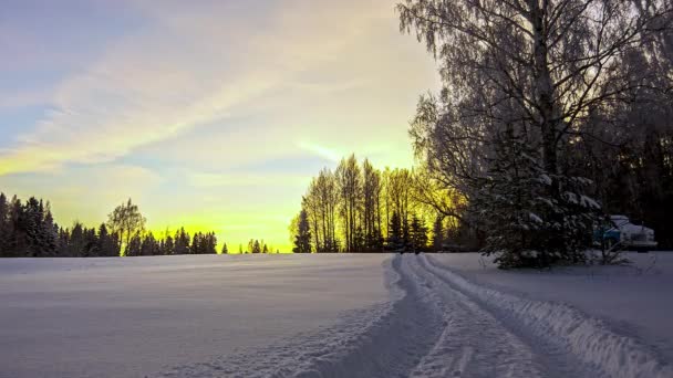 Fabulous Winter Sunset Landscape Time Lapse Lots Snow Road — Stockvideo
