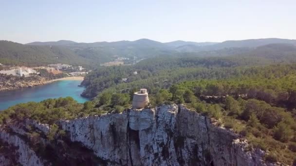 Watchtower Cliff Rocky Mountains Port Sant Miquel Ibiza Spain — Stock video