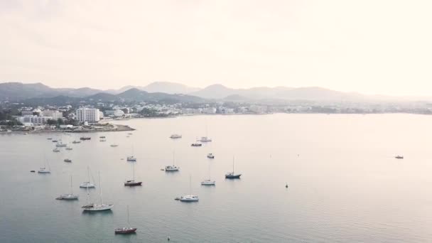 Cinematic Drone Footage Sant Antoni Portmany Sea Bay Sailboats Ibiza — Stockvideo