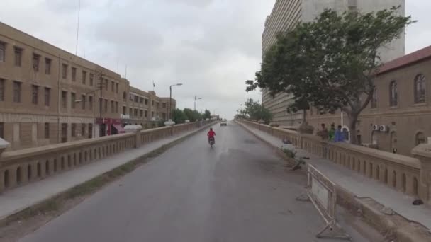Motorcyclist Driving Railway Bridge Railway Yard Karachi Pakistan — Stock Video