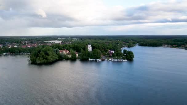 Aerial Drone Timelapse Johanniterkirche Church Next Beautiful Lake — Stockvideo