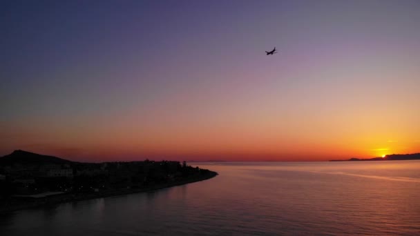 Drone Flight Ialysos Beach Mediterranean Sea Sunset Passing Plane Orange — Stockvideo