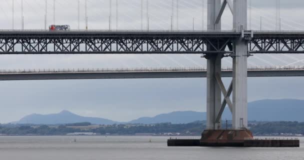 Bus Rush Hour Traffic Crossing Queensferry Forth Road Bridge Close — Stock video