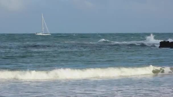 Pleasure Boat Floats Waves Green Sea Background Coast Beaches Cascais — ストック動画