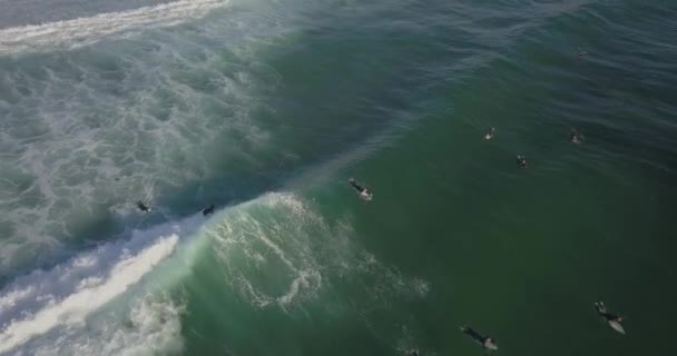 Aerial Overhead View Surfers Wave Ocean Portugal Coast Cascais Guincho — Vídeo de Stock