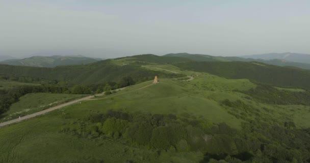 Aerial Shot Taken Far Away Beautiful Landscape Small Church — Stockvideo