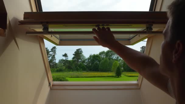 Resident Closing Dormer Window His Cottage Overcast Sky — Αρχείο Βίντεο