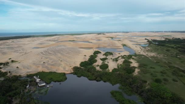 Acompanhamento Drones Laterais Lago Com Dunas Bela Paisagem Árvores Nativas — Vídeo de Stock