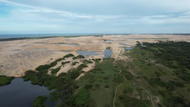 Side Drone Tracking Lake Dunes Beautiful Landscape Lush Nature Northeast — Stockvideo