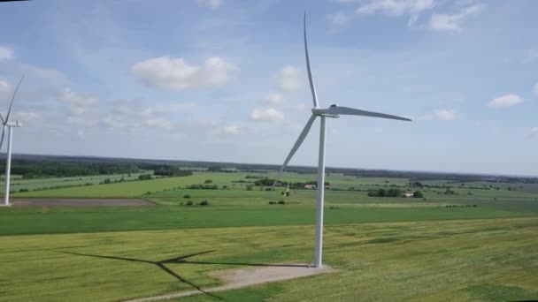 デンマーク ハズンドの緑の畑にあるヴェスタス風力発電所 — ストック動画