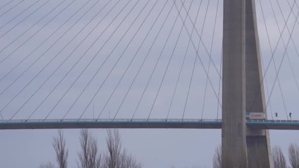 View Truck Crossing Large Suspension Bridge France Europe Pont Normandy — Stockvideo