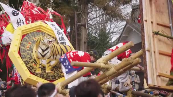 Tiger Festival Float Förbereds För Slaget Händelse Sagicho Festival — Stockvideo