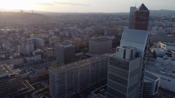 Aerial View Modern Architecture Lyon France Sunrise Drone Shot — 图库视频影像