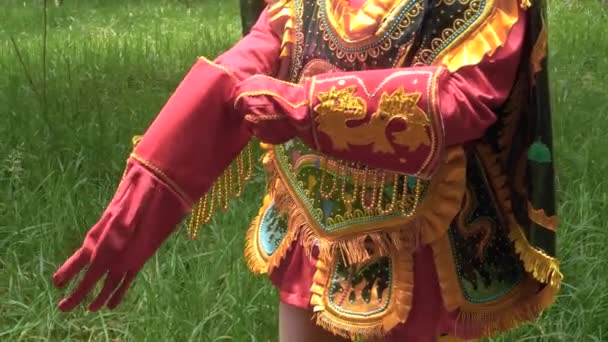 Kvinna Diablada Pillarea Dancer Sätta Handskar För Prestanda Närbild — Stockvideo