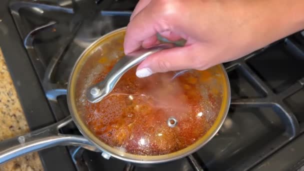 Salsa Pasta Vapor Una Cacerola Con Albóndigas Fuego Lento Estufa — Vídeos de Stock