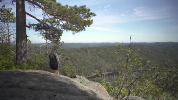 Female Blond Woman Top Mountain Looking Beautiful Scenery Nature Southern — Vídeos de Stock