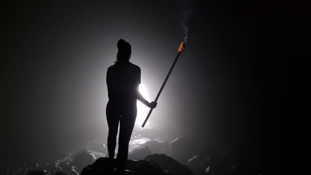 Young Woman Torch Cave Facing Sea Called Cueva Del Guincho — Stock Video