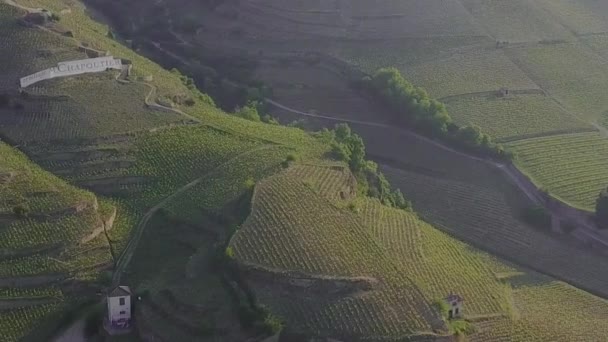 Sun Beam Iconic Ermitage Terraced Vineyard Tain Hermitage France Aerial — Stock video