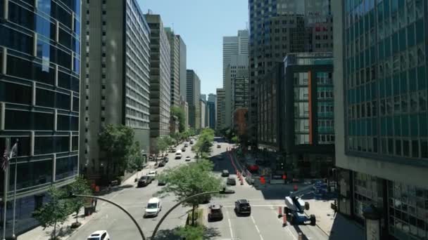 Cinematic Urban Drone Footage Aerial View Boulevard Middle Downtown Montreal — Stockvideo