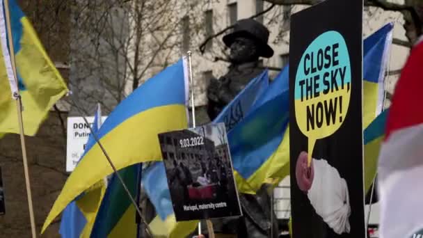 Banderas Nacionales Ucranianas Ondean Frente Una Estatua Del Vizconde Campo — Vídeos de Stock