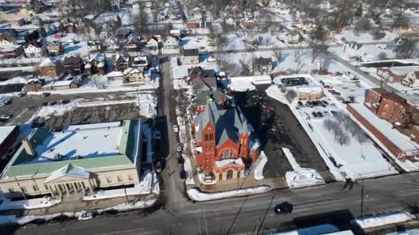 Drone View Saint Mary Roman Catholic Church Warren Ohio Winter — Vídeo de Stock