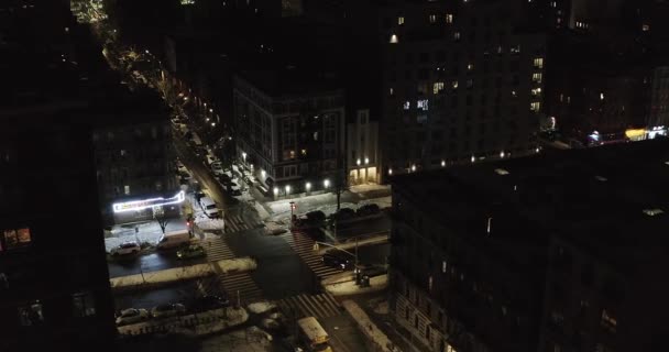 Great Nighttime Aerial View Intersection Highrise Flyby Winter Harlem Nyc — Stock Video