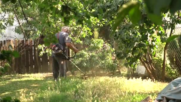 Man Cutting Overgrown Grass Backyard Brushcutter Wide — Stock video