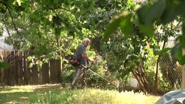 男人用割草机修剪后院长满杂草的草皮 — 图库视频影像