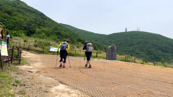 Zeitlupenaufnahme Eines Wandererehepaares Mit Rucksack Beim Klettern Den Südkoreanischen Bergen — Stockvideo