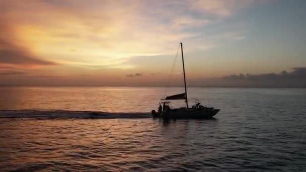 Hunting Boat Drone Mexican Caribbean Multicolored Sunset Backlighting — Stockvideo