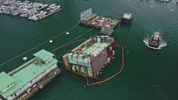 Industrial Cargo Ship Sinking Aberdeen Hong Kong Aerial Drone View — Vídeo de Stock