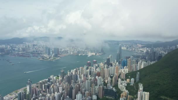 Aerial Perspective Though Clouds Victoria Habour Hong Kong Skyscrapers Island — Stockvideo
