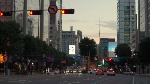 Seoul Città Notte Strada Auto Attesa Con Semaforo Rosso Stop — Video Stock