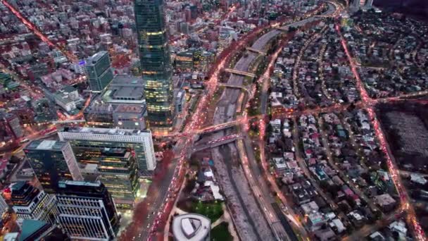 Aerial Orbit Mapocho River Bridges Santiago Chile Traffic Streets Peak — Vídeo de Stock