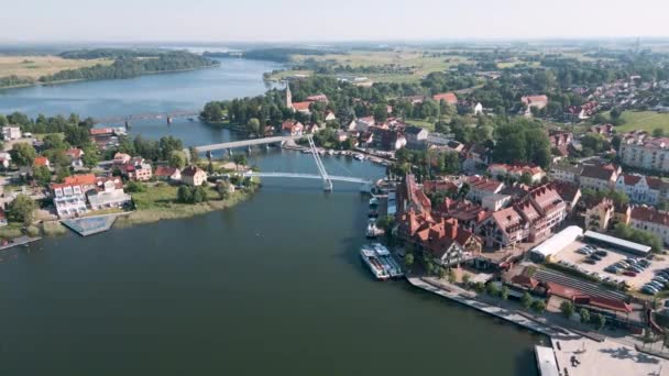 Mikolajki Poland Aerial Bird View Flight Pedestrian Bridge Most Wiszacy — Stock Video