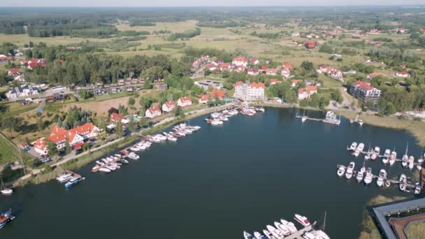 Mikolajki Poland Aerial Bird View Flight Flyover Harbor Touristic City — Stock Video