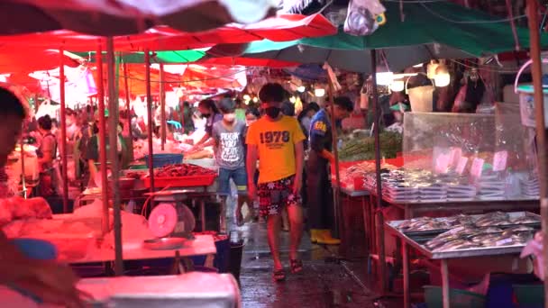 Seorang Pria Berjalan Khlong Toei Market Bangkok Penjaja Ikan Basah — Stok Video