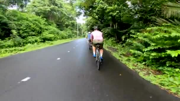 Erkek Bisikletçi Dar Bir Yolda Ilerleyen Araba Trafiği Yeşil Manzaralı — Stok video