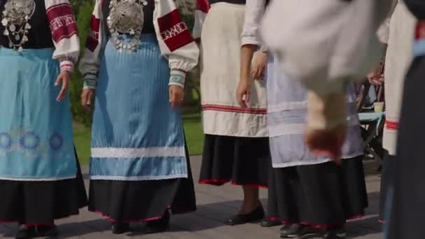 Traditionelle Estnische Tänzerinnen Tracht Outfits Farbenfrohen Trachten Kunstvollen Kleidern Und — Stockvideo