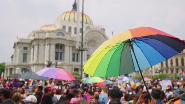 Large Rainbow Coloured Umbrella Being Swung Pride Parade Palacio Bellas — Stok Video