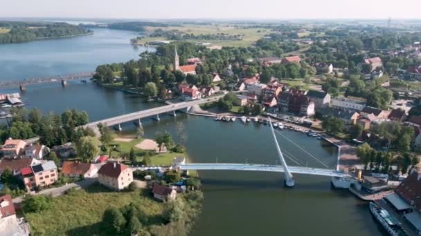 Mikolajki Poland Drone Flight Aerial Bird View Starting Pedestrian Bridge — Stock Video